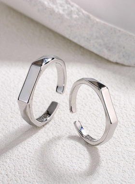 简约光面情侣戒指 小众设计韩版长方形菱角男女素圈几何开口指环