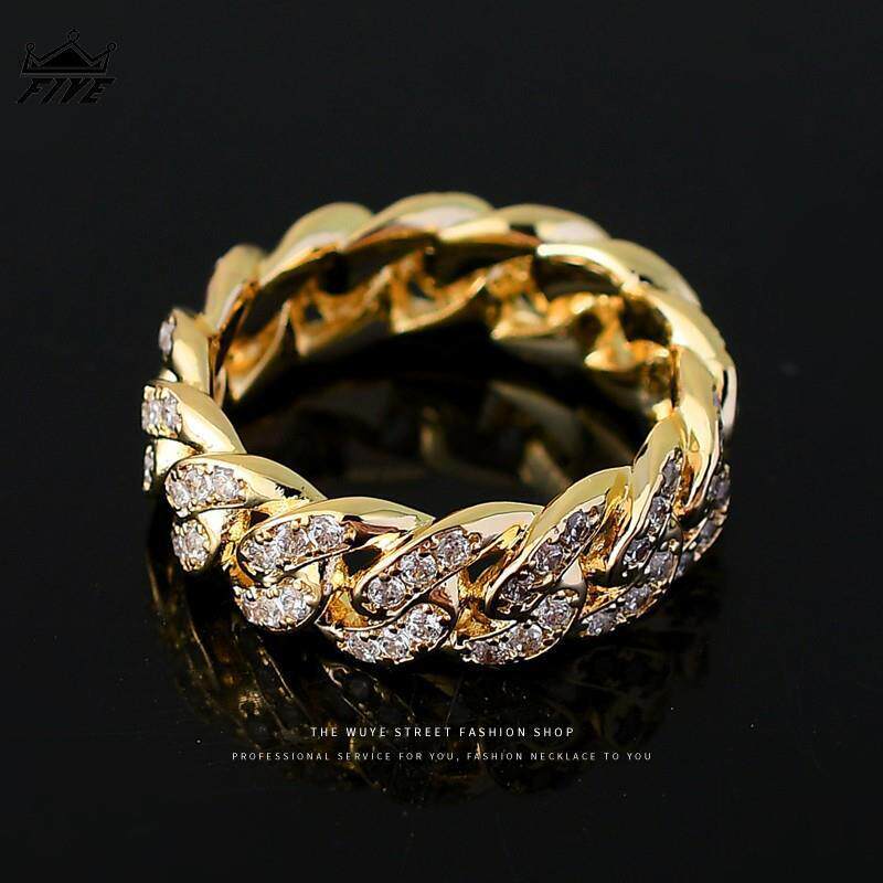 王嘉尔同款古巴链戒指满锆石潮流男女指环尾戒嘻哈街头个性配饰品