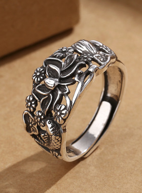 复古民族风莲花锦鲤开口戒指做旧工艺小众设计感古典文艺开口指环