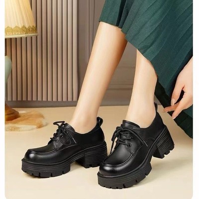 爱棉麻真皮英伦风百搭小皮鞋女秋冬加绒黑色厚底小个子乐福单