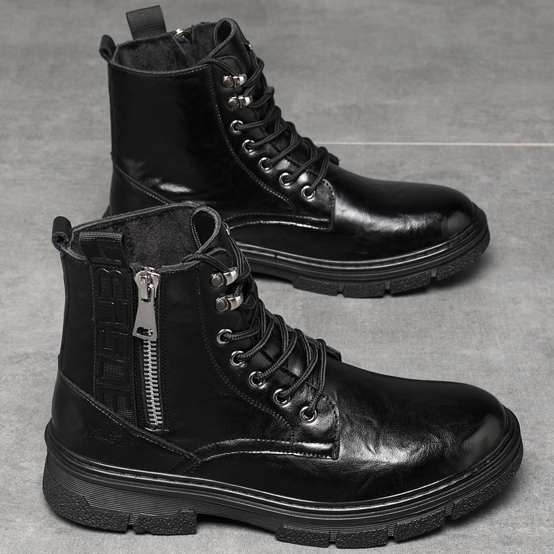 马丁靴男款秋季高帮手抓纹柔软休闲拉链皮靴系带黑色工装机车短靴