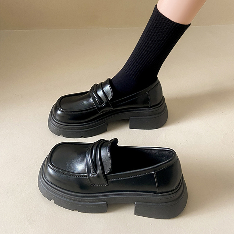 粗跟厚底小皮鞋女英伦风2025年新款春季百搭一脚蹬单鞋黑色乐福鞋
