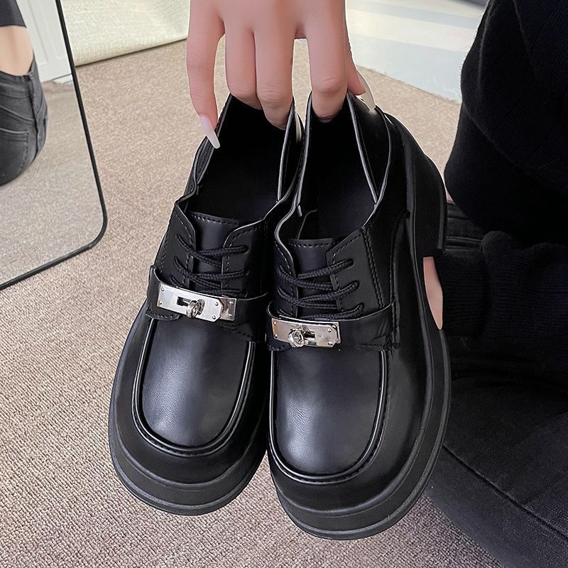 乐福鞋女2023新款爆款春夏软底系带黑色JK洛丽塔单鞋小皮鞋潮