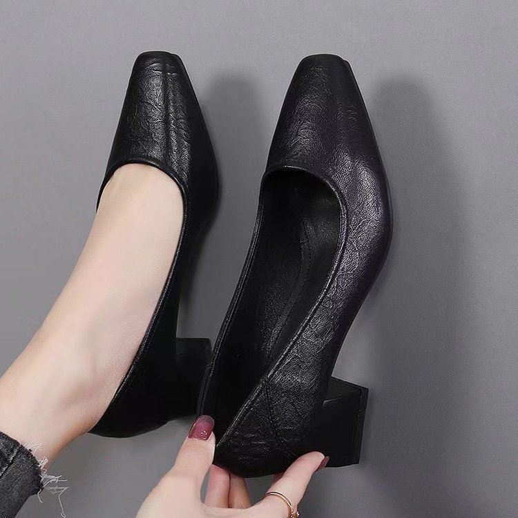 软皮单鞋女2025年春季新款方头粗跟百搭工作鞋中跟休闲女高跟皮鞋