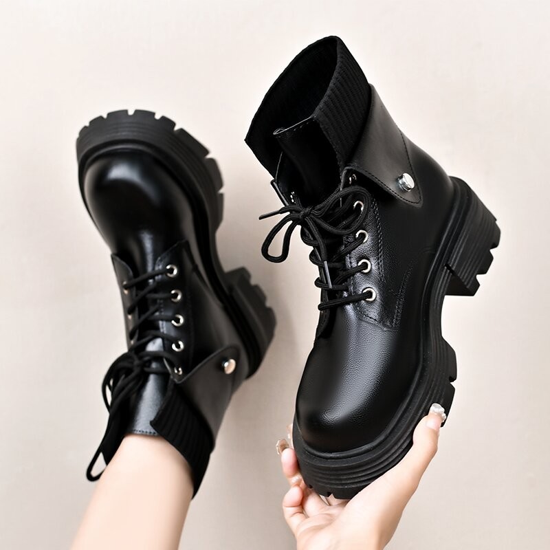 韩版白色系翻边袜筒靴粗跟小个子百搭马丁靴2024秋冬新款加绒皮靴