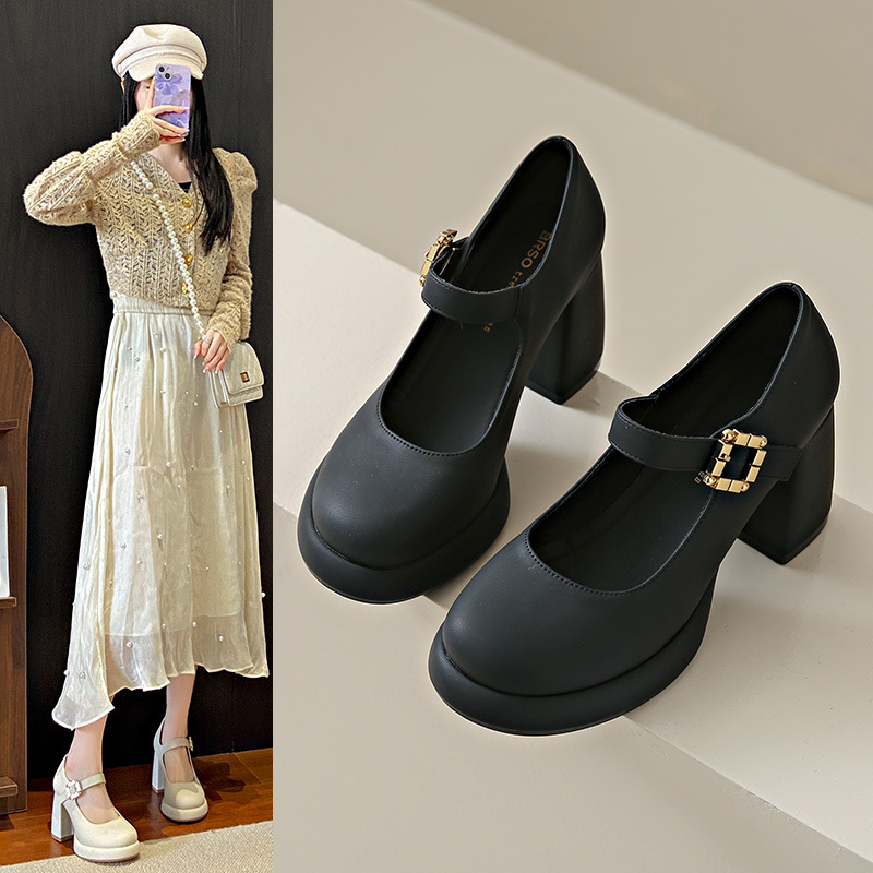 法式白色玛丽珍高跟鞋女2025新款春季气质粗跟单鞋温柔晚晚小皮鞋