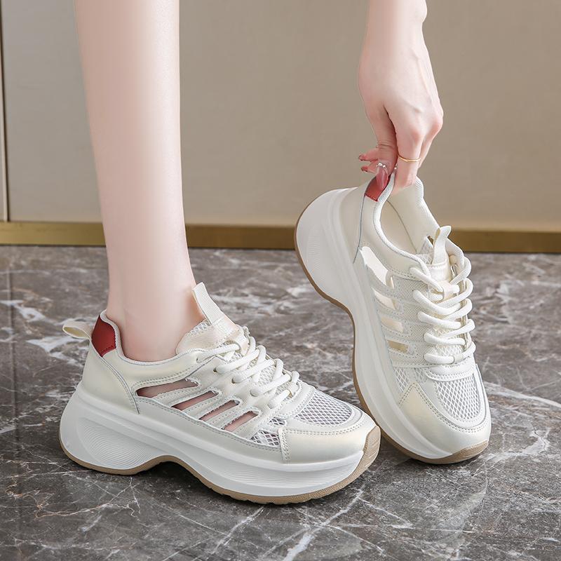 2025新款夏季松糕厚底镂空网面透气小白鞋女轻便休闲百搭运动凉鞋
