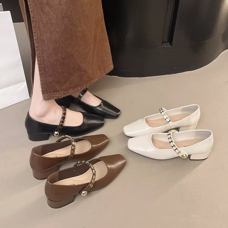 优雅粗跟一字带单鞋浅口玛丽珍鞋百搭通勤小皮鞋女2025夏季乐福鞋