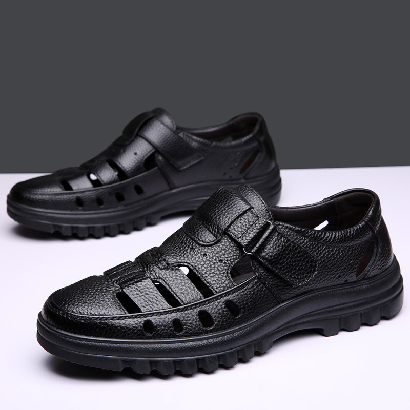 厂货跨境夏季商务镂空皮凉鞋中老年真皮透气鞋男洞洞魔术贴凉皮鞋