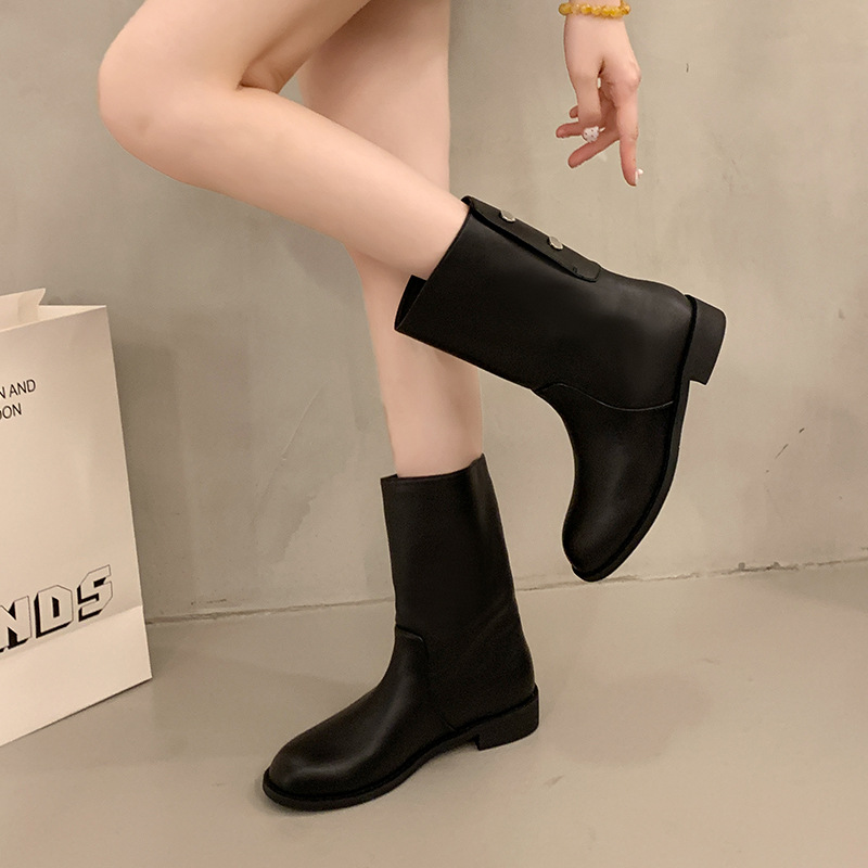 2025秋冬新款韩版复古烟囱靴软皮百搭粗跟马丁靴平底西部中筒靴女