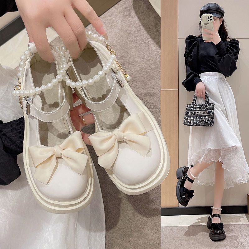 配裙子法式温柔小皮鞋女厚底中跟增高蝴蝶结白色单鞋玛丽珍