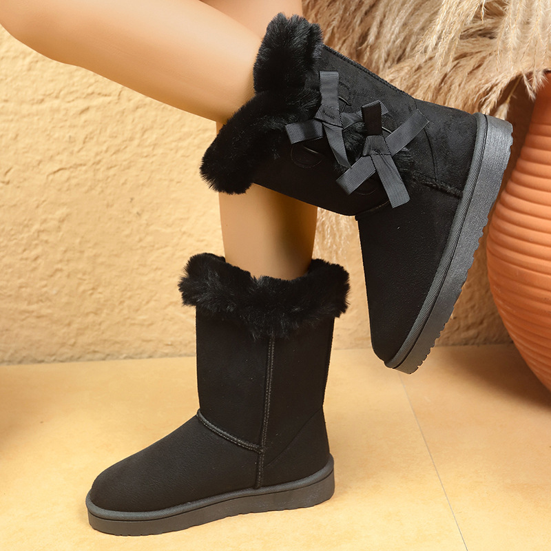 外贸蝴蝶结大码冬季新款加绒加厚雪地靴女大码保暖中筒靴女批发