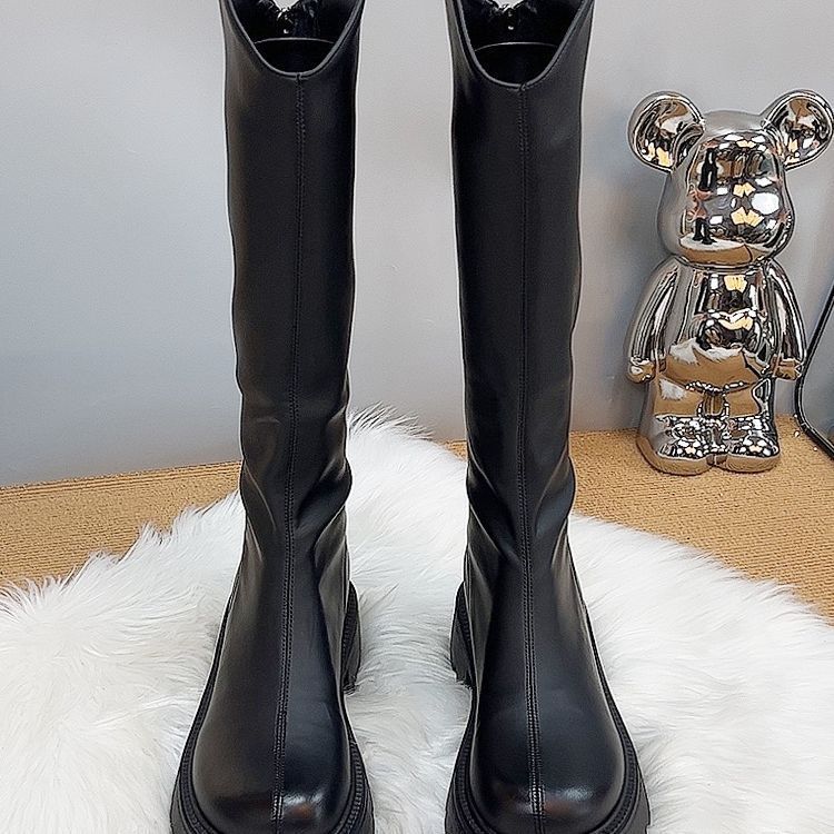 韩版百搭高筒靴骑士靴女2024秋冬新款瘦瘦靴子v口后拉链长筒靴子