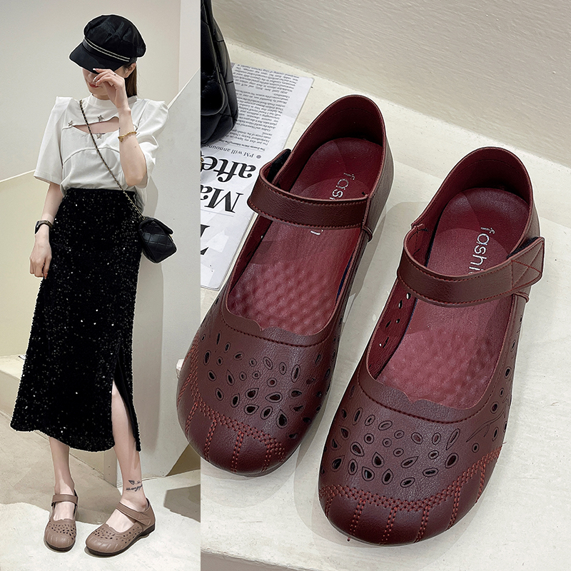 布鞋女凉鞋夏季透气妈妈鞋一字带单鞋软底奶奶皮鞋