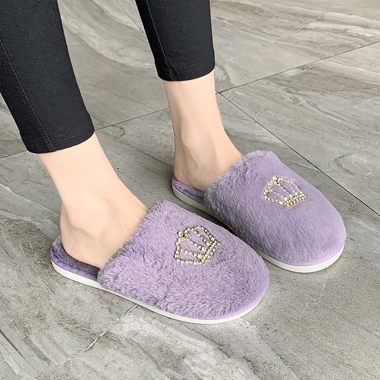 2025秋冬新款居家包头毛毛拖鞋女平底毛绒水钻室内保暖棉拖鞋批发