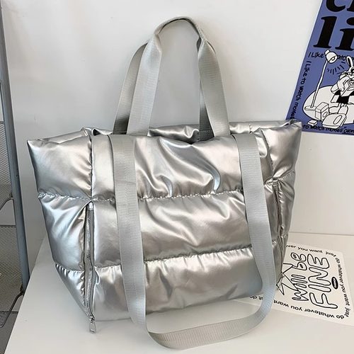 银色包包大容量棉服包手提