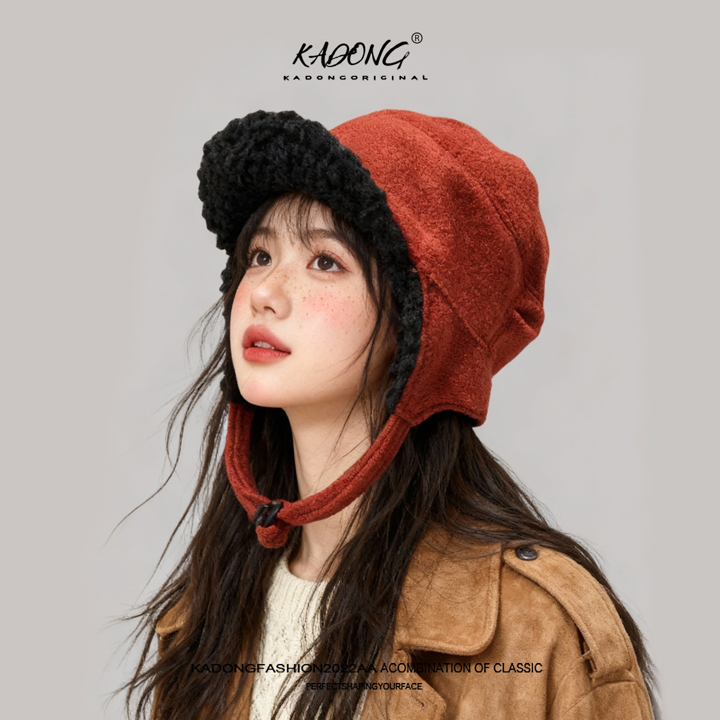 秋冬新款加绒羊羔绒飞行帽子女双面戴红色护耳帽加厚保暖雷锋帽男