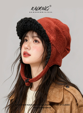 秋冬新款加绒羊羔绒飞行帽子女双面戴红色护耳帽加厚保暖雷锋帽男