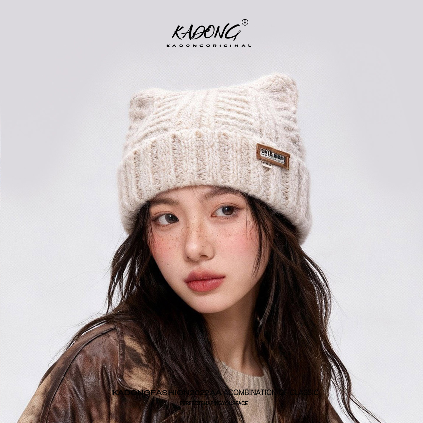 猫耳朵可爱毛线帽女秋冬季加厚包头护耳帽大头围百搭皮标针织帽子