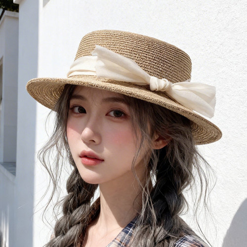 草帽女夏季新款遮阳帽女防晒女士帽子草编蝴蝶结平顶太阳帽女法式