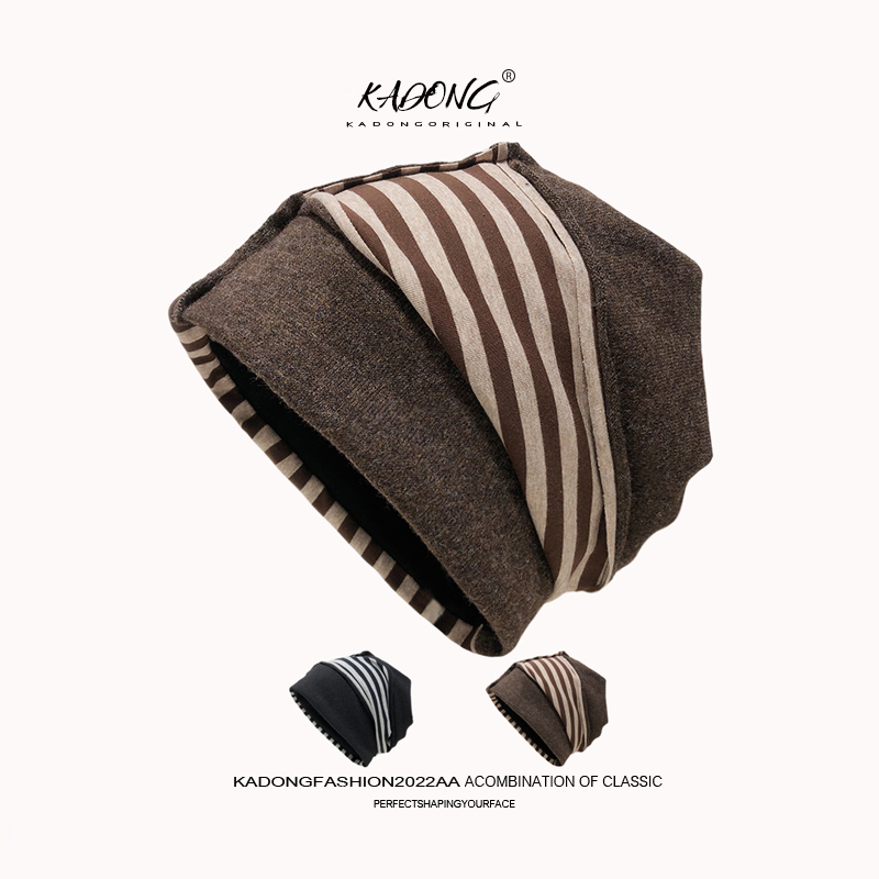 冷帽高级感条纹拼色女士2025新款宽松保暖针织小众设计包头堆堆帽