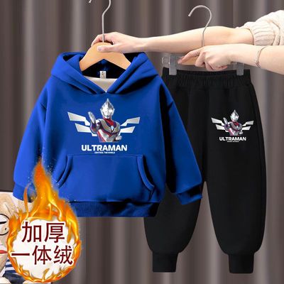 男童奥特曼衣服套装冬季加绒加厚中大童帅气卫衣一体绒卫裤两件套