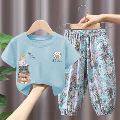 儿童夏季套装2025新款纯棉短袖T恤男童女童宝宝洋气上衣两件套潮