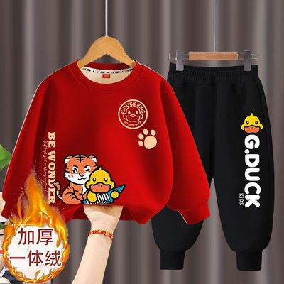 男女童加绒套装冬季长袖加厚保暖卫衣一体绒小黄鸭卫裤两件套潮款