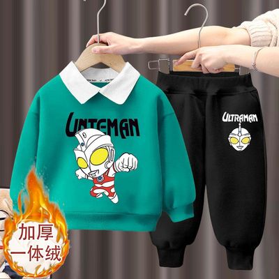 男童奥特曼衣服套装长袖Polo翻领洋气卫衣2025新款加绒长裤两件套