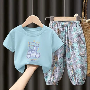 儿童套装新款男童女童纯棉T恤2026夏装洋气宝宝短袖长裤两件套装