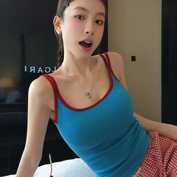 蓝色撞色U领含胸垫简搭外穿吊带背心女夏季美背设计打底内搭上衣