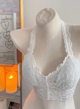 法式白色挂脖蕾丝内搭内衣夏季薄小胸少女纯欲裹胸美背背心式文胸
