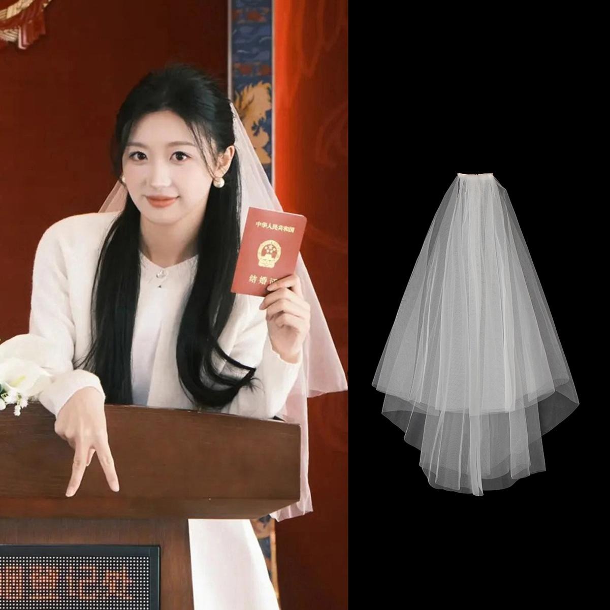 新娘婚纱头纱领证登记小头饰求婚蓬蓬纱法式白色简约短款拍照道具