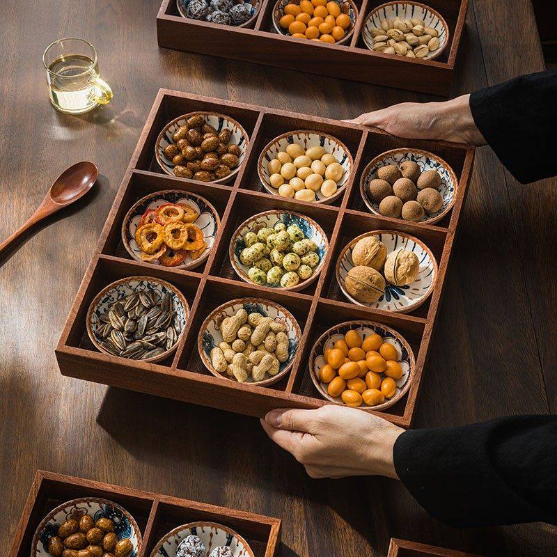 新款中式九宫格托盘家用实木茶点盘火锅分格干果盘围炉煮茶点心盘,餐饮具,果盆/果盘/果篮,淘宝优惠券,粉丝福利购,淘宝优惠卷
