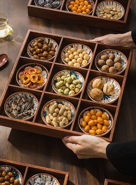 新款中式九宫格托盘家用实木茶点盘火锅分格干果盘围炉煮茶点心盘