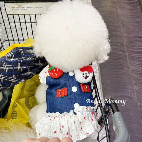 狗狗衣服草莓白狗牛仔连衣裙胸背带牵引绳宠物猫咪小型犬泰迪比熊