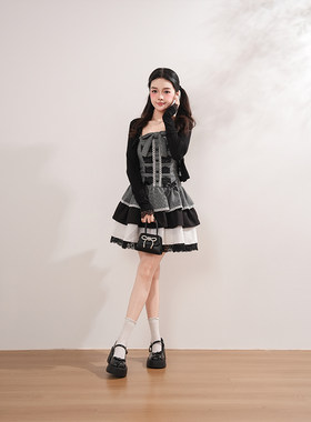 蕾夕莉莉 蕾系灰条纹拼接蝴蝶结吊带蓬蓬蛋糕连衣裙短袖开衫套装