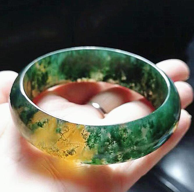 水草玛瑙手镯天然绿草红油水草玛瑙手镯冰种玉髓冰透原色36