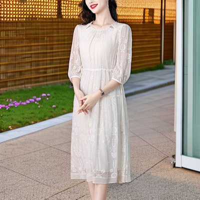 简约高级桑蚕丝裙子女2025新款刺绣真丝七分袖白色修身显瘦连衣裙