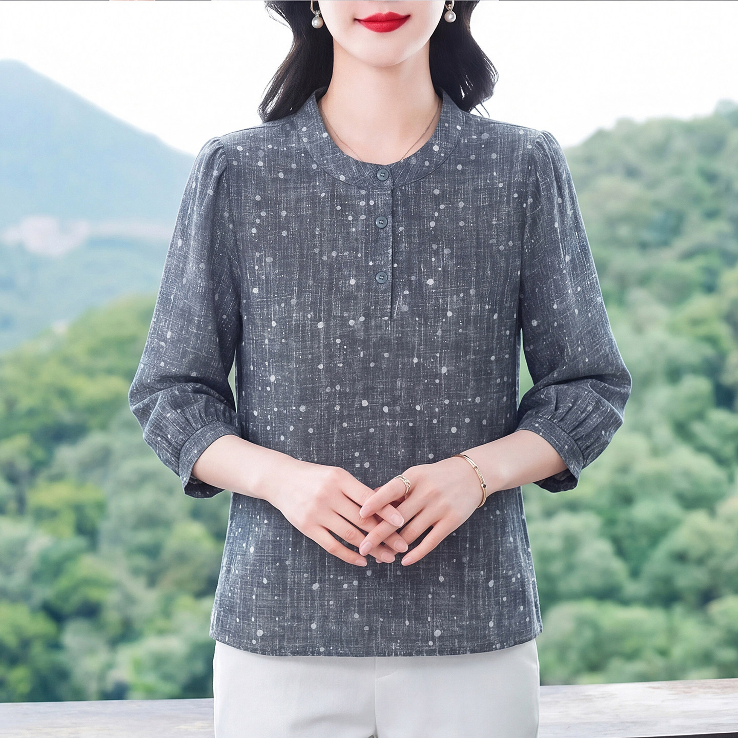 2026夏季新款七分袖衬衣女圆领圆点印花宽松显瘦时尚气质上衣修身
