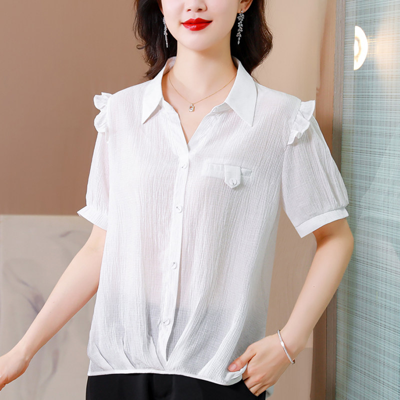 2026年夏季新款短袖衬衣女简约纯色修身套头衬衫休闲百搭上衣韩版