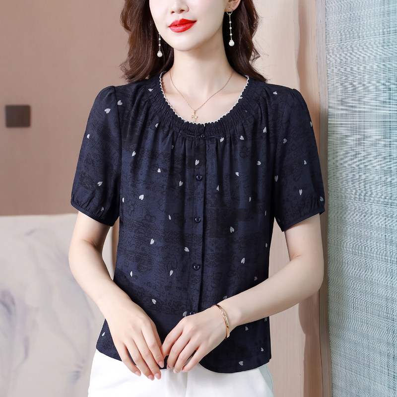 2026夏季新款衬衣女圆领短袖时尚印花纽扣小衫显瘦减龄气质上衣女
