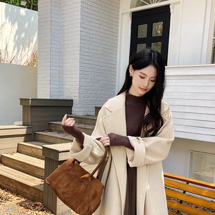 韩系网红款秋冬浴袍长款双面呢绒大衣/外套双面毛呢/呢子大衣外套