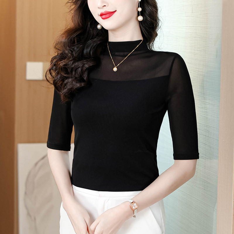 2026蕾丝打底衫女洋气新款韩版修身显瘦气质网纱内搭中袖上衣