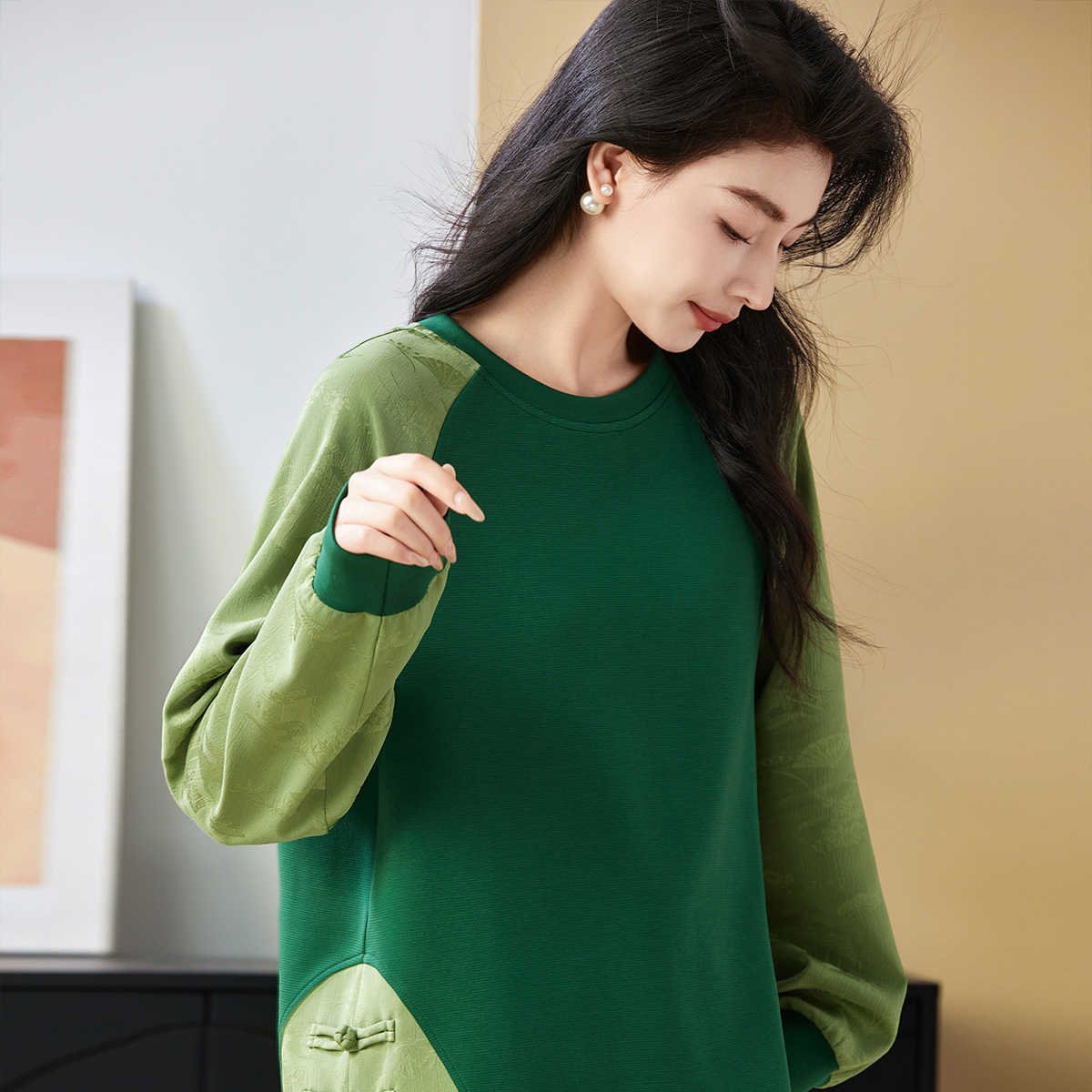 绿色新中式提花薄款卫衣女春秋季宽松大码胖mm女装拼接上衣