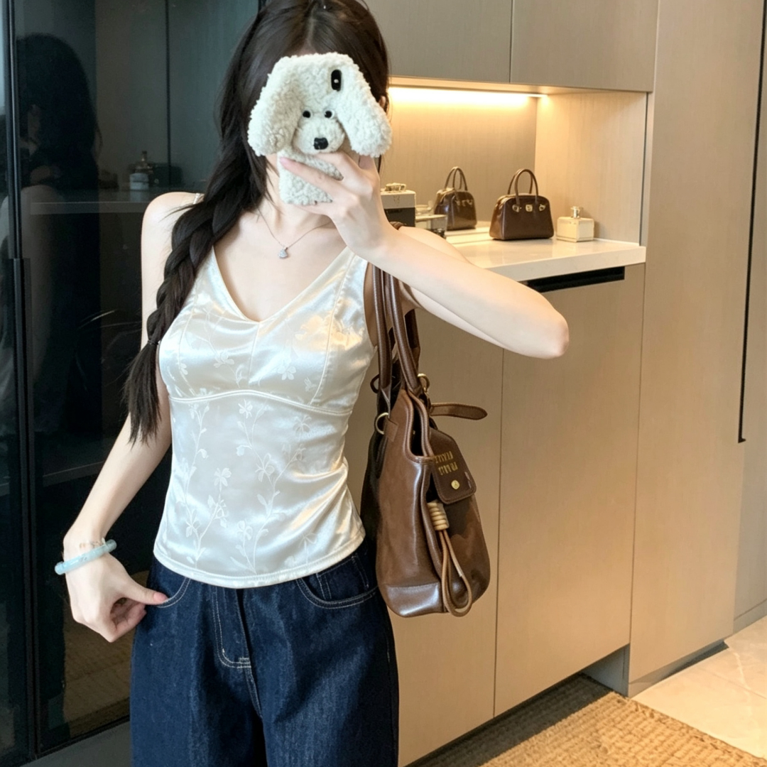 白色大码微胖国风印花高级感薄绒背心秋冬旗袍修身内搭吊带打底衫