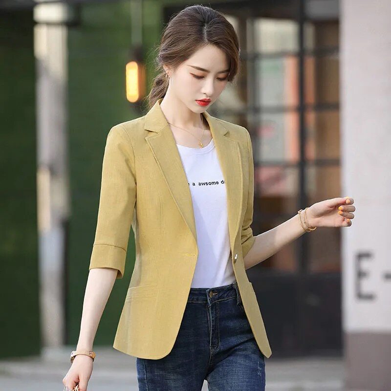 黄色小西装外套女春夏2026新款气质短款小个子百搭七分袖西服上衣