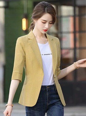 黄色小西装外套女春夏2026新款气质短款小个子百搭七分袖西服上衣