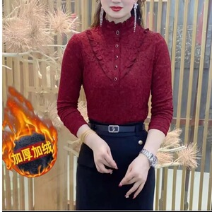 蕾丝打底衫女衬衫秋冬新款加绒保暖半高领T恤内搭洋气木耳边上衣