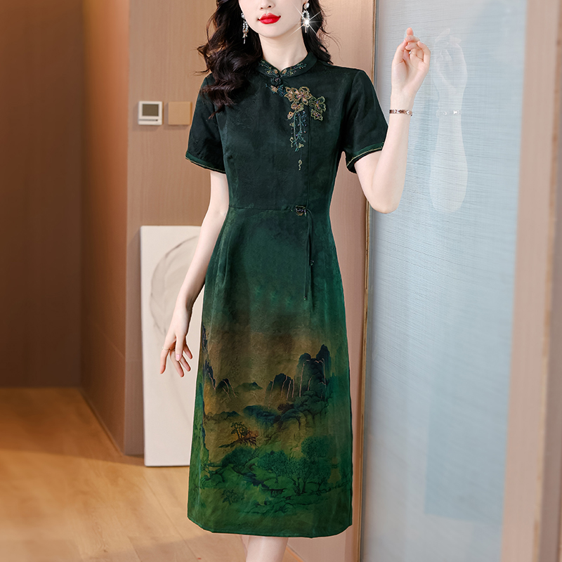 新中式香云纱连衣裙2024红色女夏季高贵妈妈仿真丝桑蚕丝改良旗袍